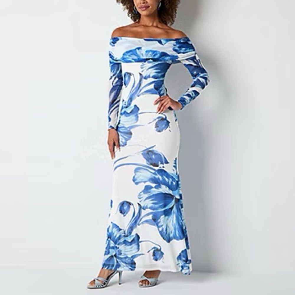 Elegant Floral Off-Shoulder Dress (Blue & White) - Picture 2 of 4